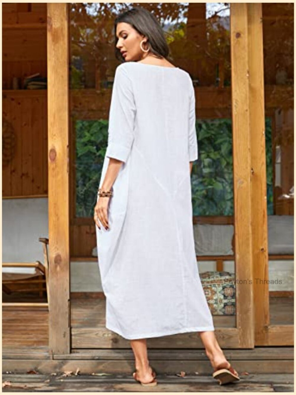 100% Cotton Oversized Loose Maxi Dress with Pockets 3/4 Sleeve - Picture 5 of 7
